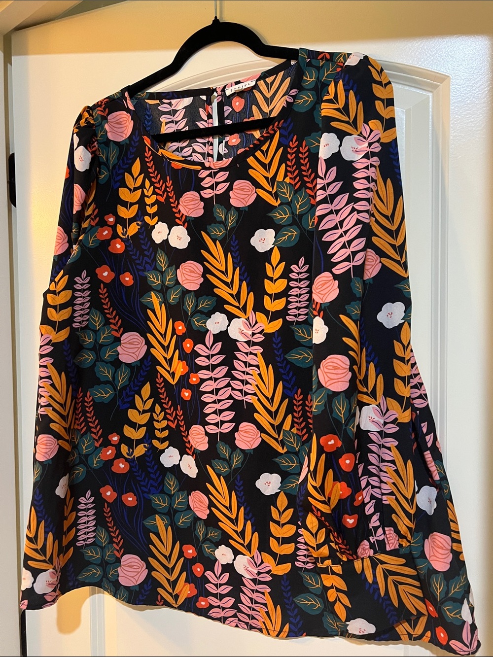 JODIFL Black Floral Long-Sleeve Tunic with Pink and Gold Accents